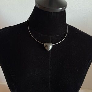 Vintage Heart Gun Metal Silver Tone Stone Pendant Necklace on Cord Wire Chain